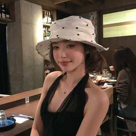 春夏新款遮阳防晒帽子薄款甜美黑白波点渔夫帽女百搭大檐太阳帽潮