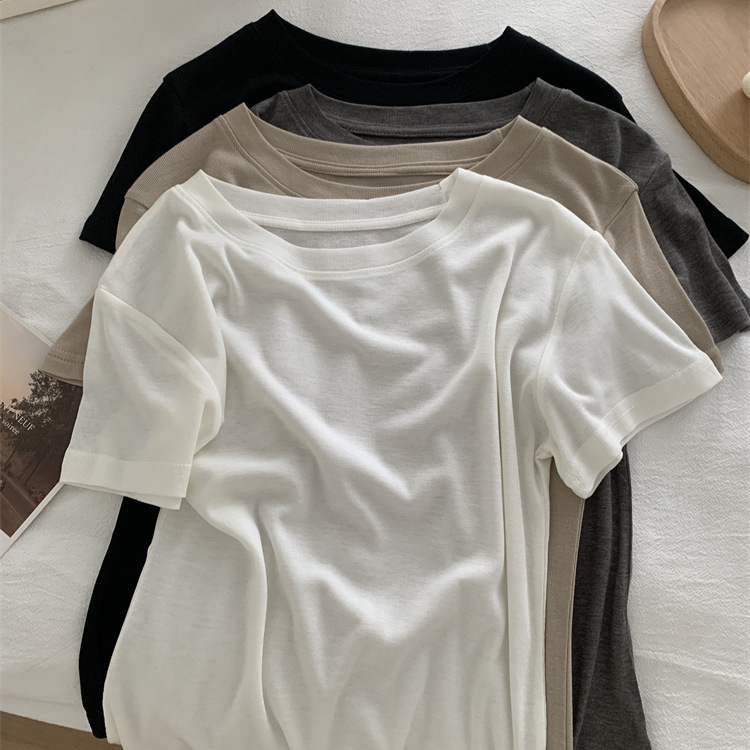 Wool Lyocell Short-Sleeved T-Shirt for Women, New Style, Loose Round Neck, Solid Color, Breathable, Versatile Casual Top, Wholesale T-Shirt