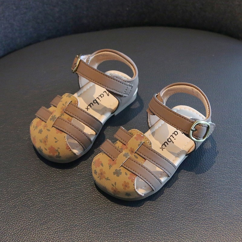 Sandales à bout fermé pour bébés filles, imprimé floral - Chaussures d'été à semelle souple avec embout anti-collision, rose, kaki et marron_voghion.com