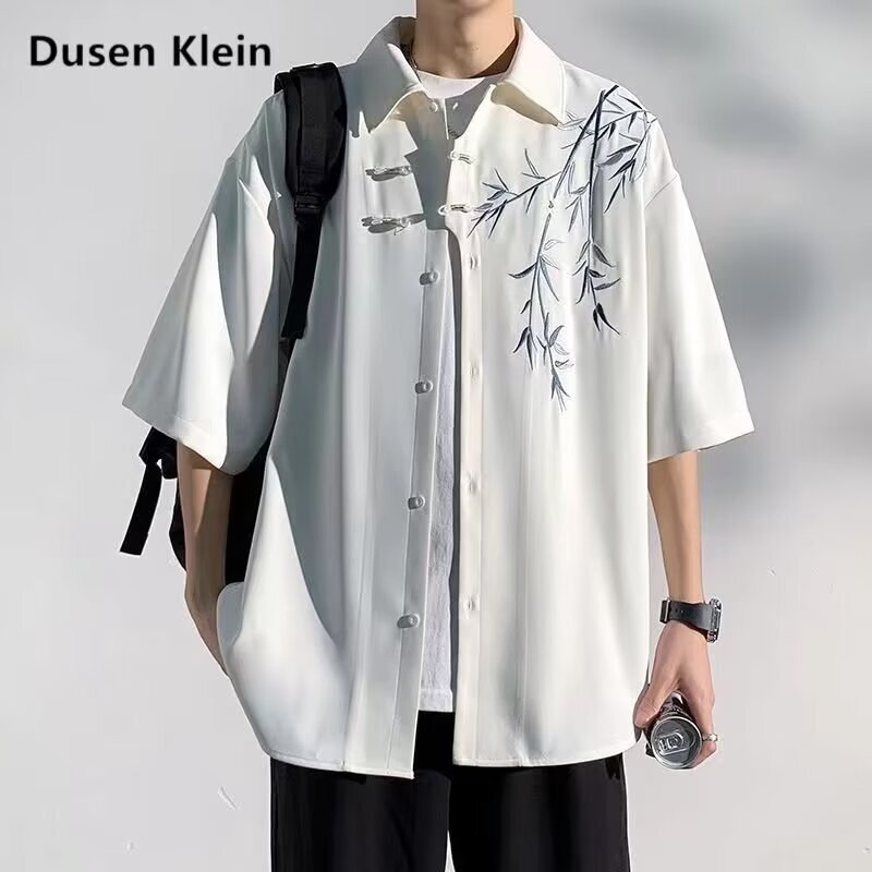 2024 New Chinese Ice Silk Buckle Shirt Chinese Style Ten Thousand Needles Embroidery Bamboo Half Sleeve Shirt Special