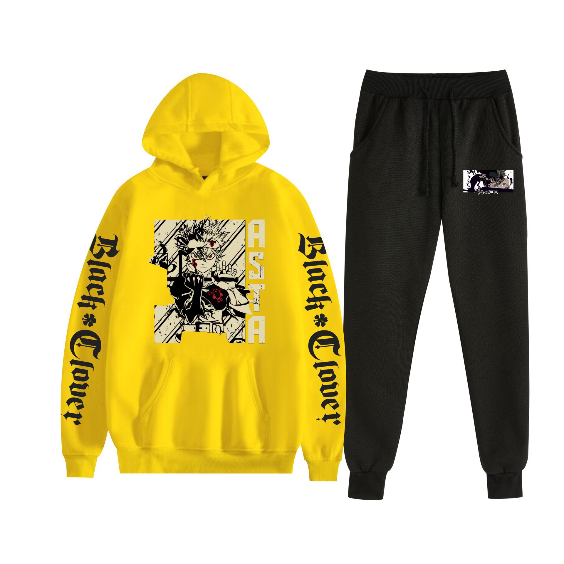 Trébol de cuatro hojas negro nuevo estilo transfronterizo Black Clover pareja suéter con capucha hombres y mujeres pantalones de dos piezas