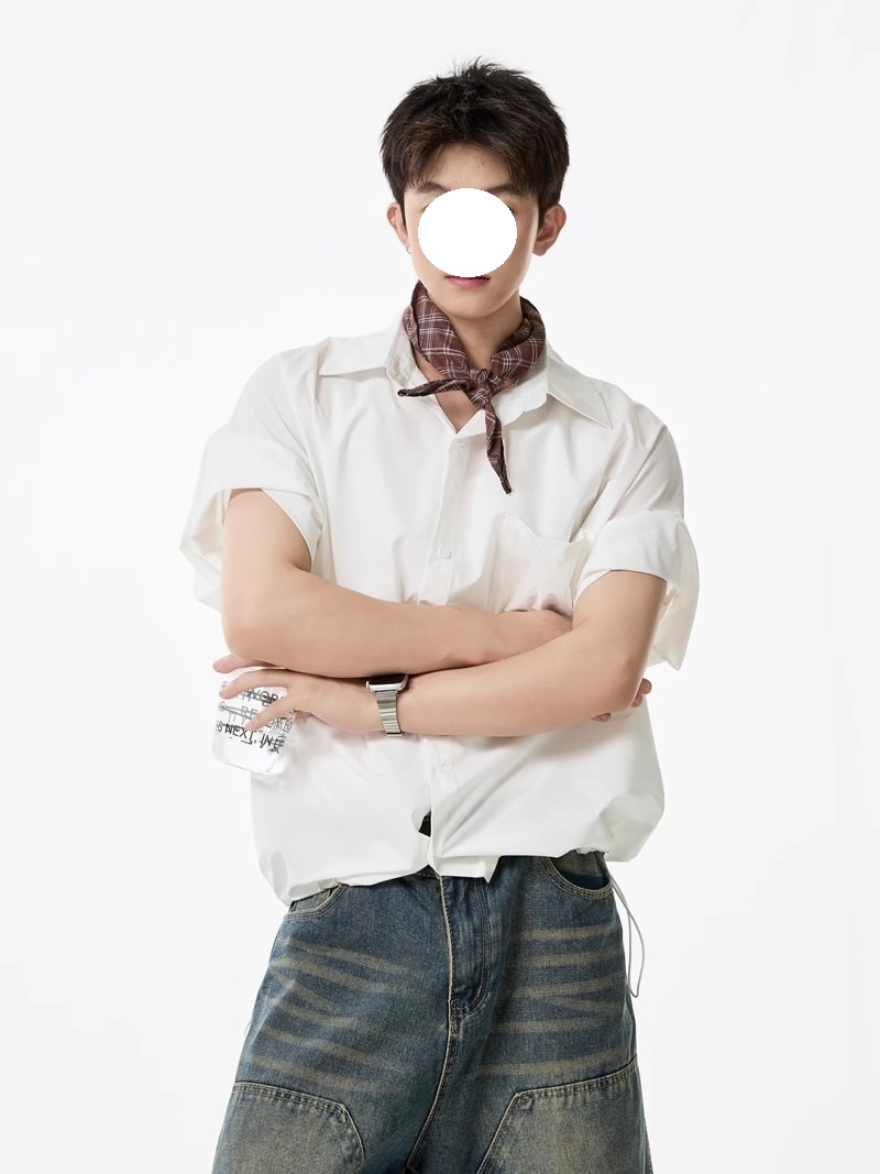 Khaki Tooling Shirt Short-sleeved Men's Summer American Simple Loose Lapel Shirt Drawstring Design Couple Inch Clothes Tide_viptrois.com