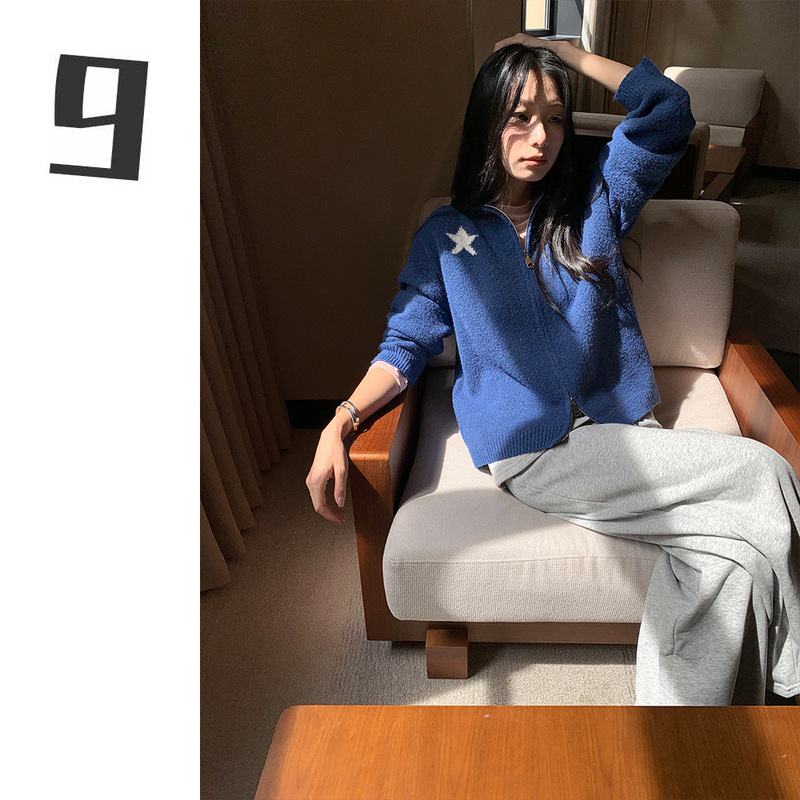 [9Hour] Personalized Stand-Up Collar Star Digital Jacquard Knitwear for Women 2025 Autumn and Winter Zipper Knitwear for Women M3800