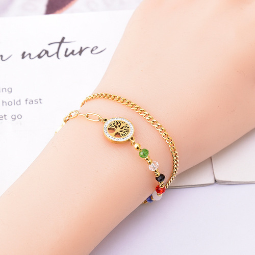 European and American cross-border bracelets colorful beads double-layer clavicle chain full of diamonds tree of life round pendant titanium steel bracelet necklace
