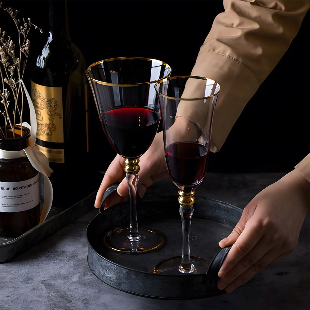 Jin Baijia creativo cristal rojo vino vidrio artificial soplado borde dorado doble cuentas champán vidrio boda mesa de traje de alta gama