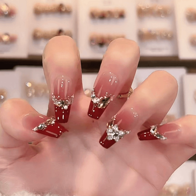 New Year's Wear Nails, High-End, Mid-Length, Big Red Smudged Diamonds, Removable Nail Patches, Nail Patches for Whitening