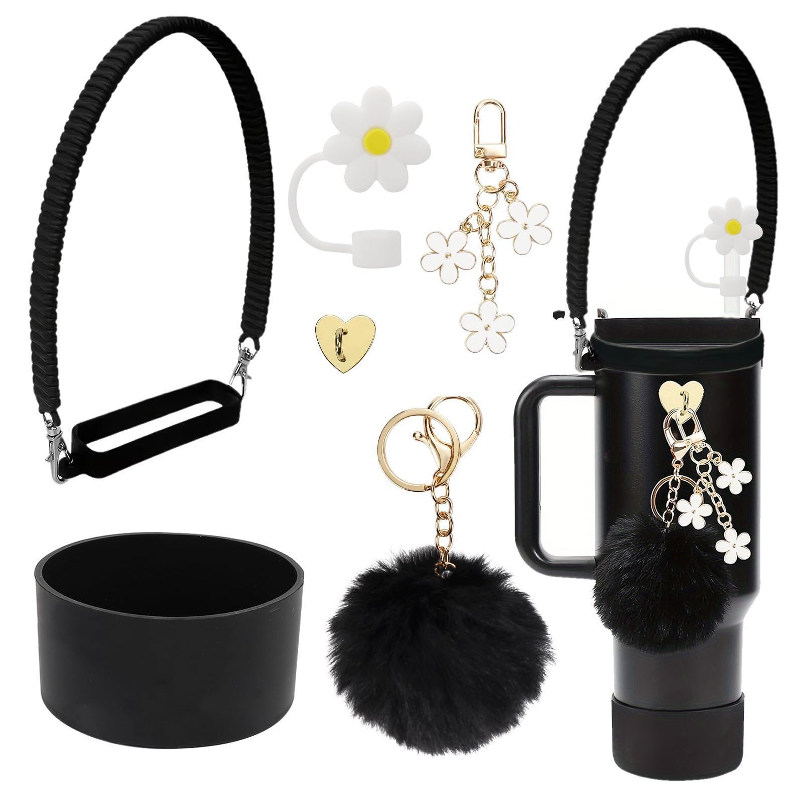 7pcs taza Stanley cuerda de mano colgante de silicona flor tapa de pajita bola de felpa colgante de copa cadena de taza de color