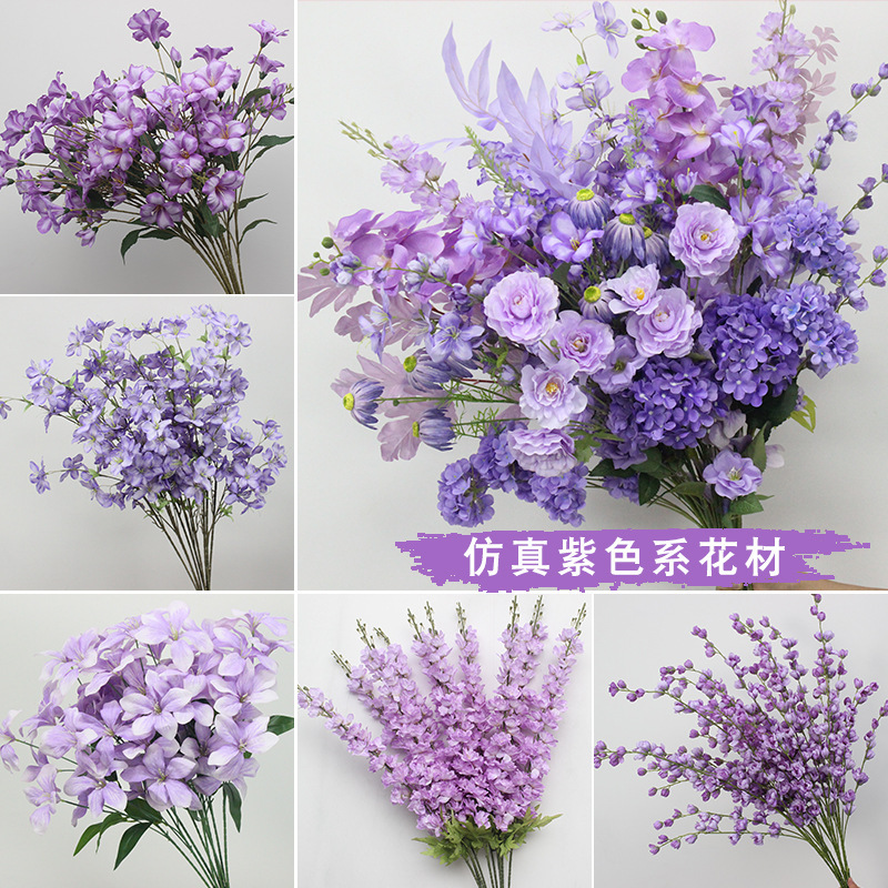 Single branch purple simulation silk flower flower maple leaf snow cherry blossom rose ceiling mist eucalyptus olive branch