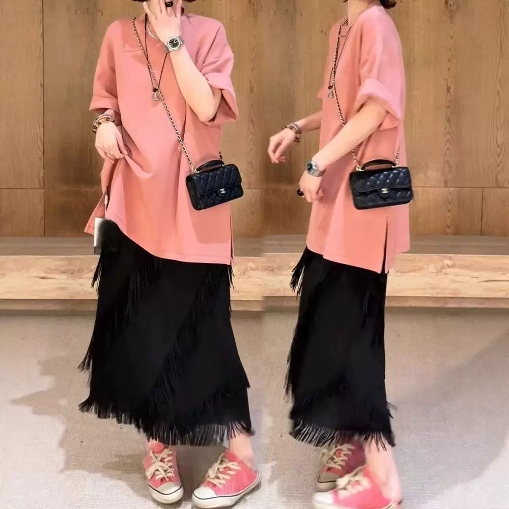 工厂爆款多层次流苏半身裙女中长款不规则高腰长裙显瘦遮胯流苏裙