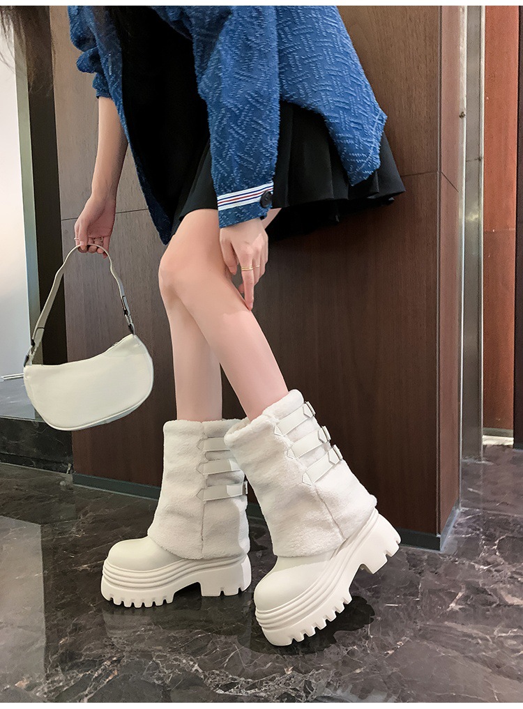 Giày boot nữ cổ thấp đế dày lông ấm khóa thắt lưng — Trắng nhạt 15CM chi tiết 16