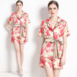 跨境服饰现货时尚套装西装领香槟色印花睡衣式仿真丝两件套装