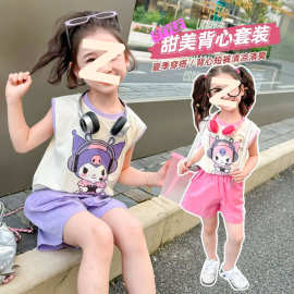 女童夏装卡通背心短裤套装2024新款小童拼色坎肩上衣五分裤两件套