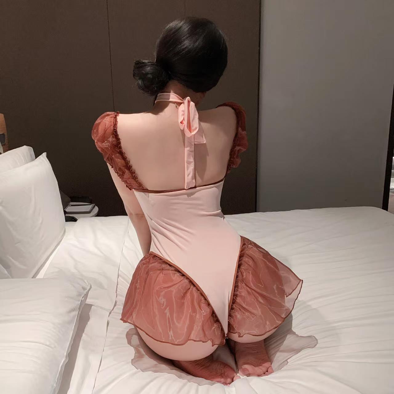 Snap-On Strap Open-Crotch Bodysuit, Uniform-Style Tie-Up Jumpsuit with Bubble Sleeves, One Size — detail image 4