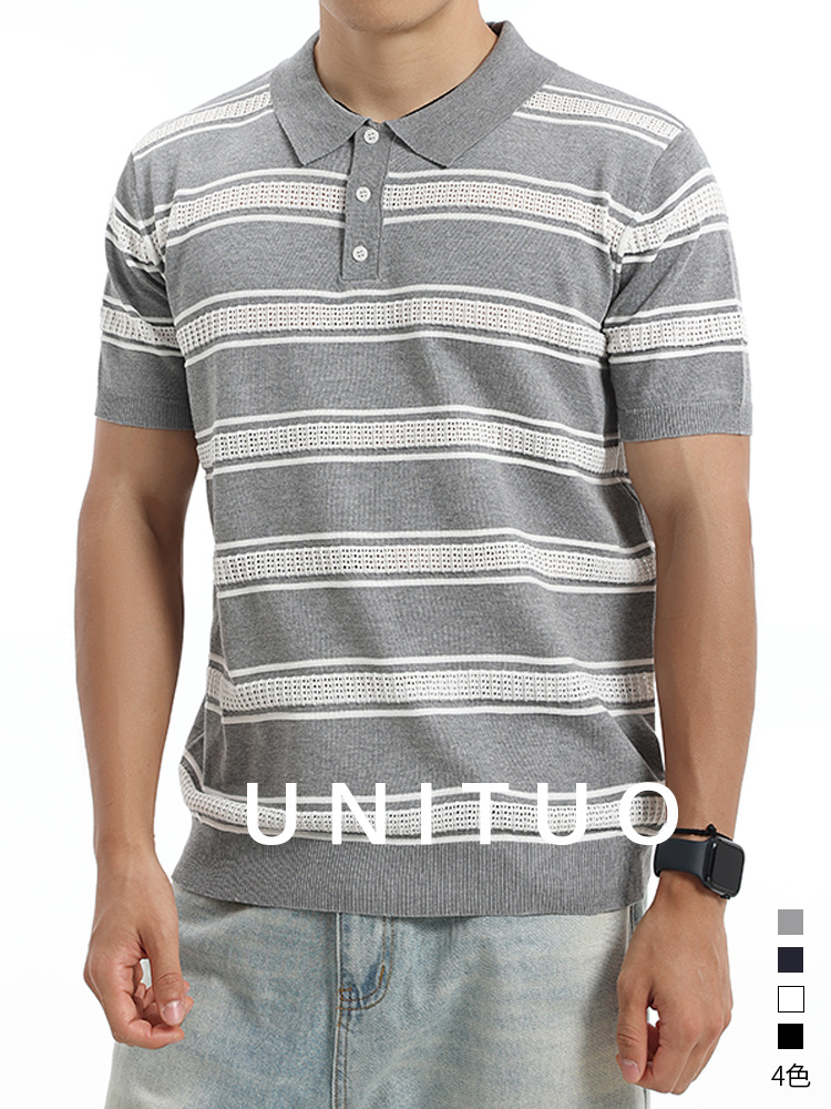 Los hombres europeos y estadounidenses con rayas huecas de hielo de punto polo con collar de manga corta camiseta de lujo ligera de negocios casual