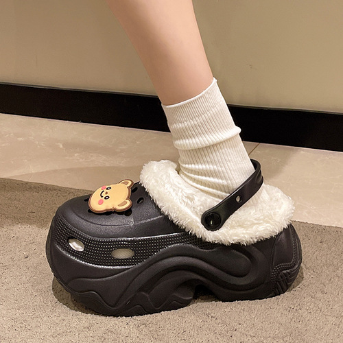 Winter Extra Thick Fleece Lined Heeled Women's Slip-on Shoes with Cotton Pockets, Suitable for Indoor and Outdoor Wear