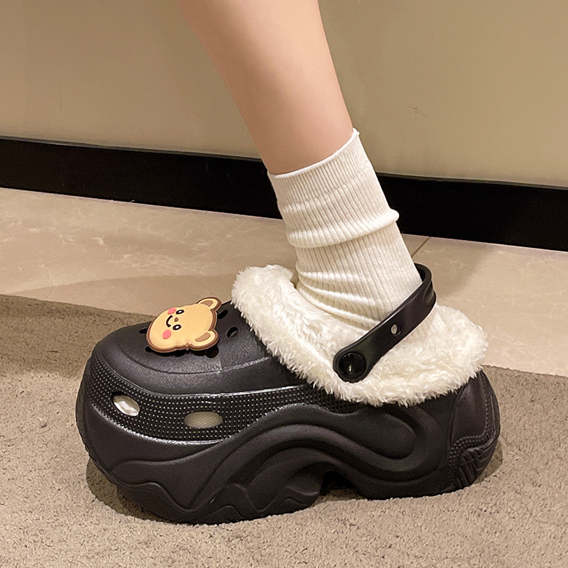 Winter Super Thick fleece-lined Thick-soled Women's High Heel Cotton Hole Shoes Cartoon Indoor and Outdoor Two-wear Slip-on Cotton Slippers