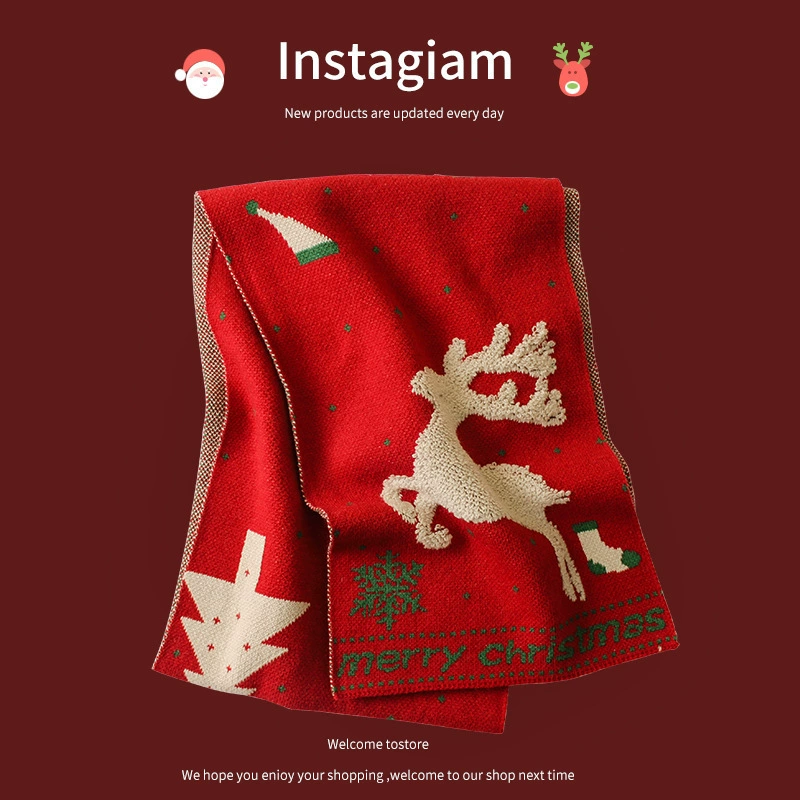 Новый рождественский шарф с оленями 2024 года, универсальный длинный фасон, элитный стиль, теплый, для пар, студентов, вязаный шарф, рождественский подарок
