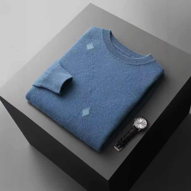 Autumn and winter new round neck cashmere sweater men's business casual pullover long sleeve alan flower cashmere knitted base shirt