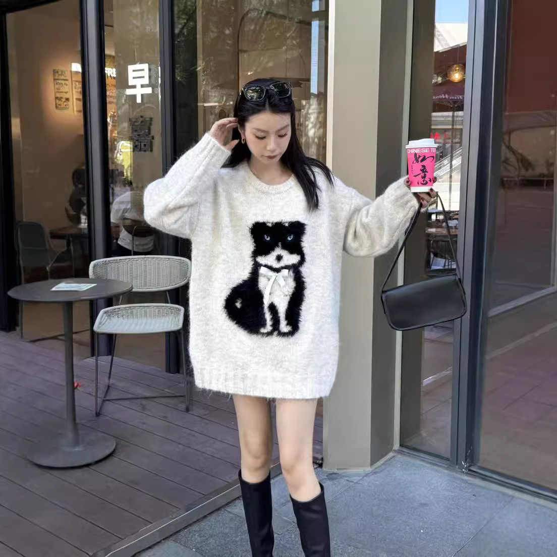 24 invierno Puyuan 2024 nuevo gatito lindo Jacquard peluche suéter de manga larga mujer otoño invierno