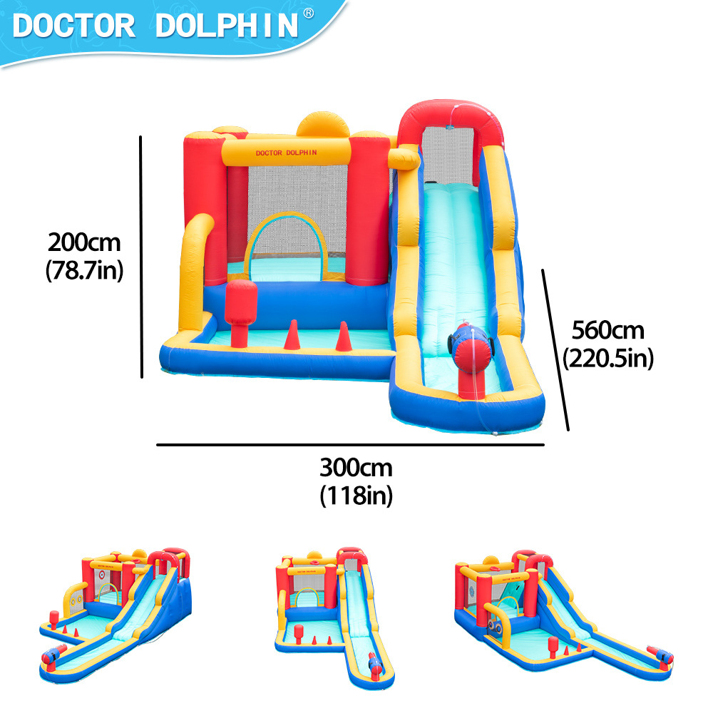 Dr. Dolphin | Casa para niños, castillo pequeño, tobogán inflable, parque infantil al aire libre, castillo de chorro de agua inflable, trampolín