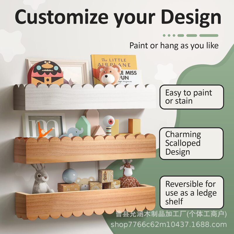 Wooden Floating Bookshelf Kindergarten Wall Decoration Rack Wall-Mounted Children's Bookshelf Photo Frame Display Rack