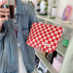 Linen Corduroy Checkerboard Makeup Bag with Contrasting Striped Toothbrush and Toiletries Storage Bag for Women, Handbag