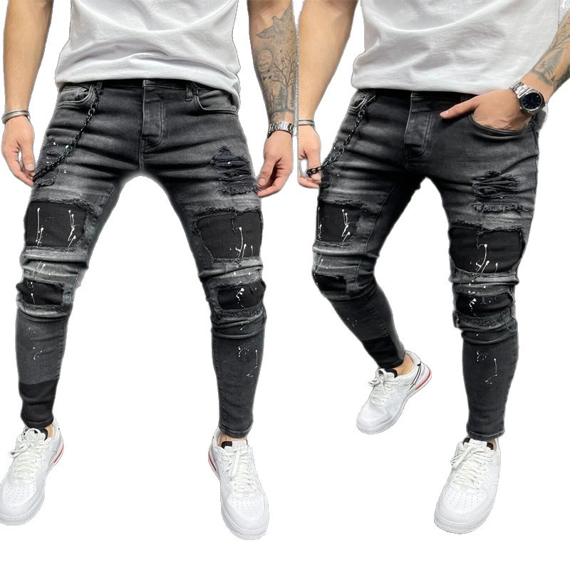 Jeans Ajustados Rasgados para Hombre de Algodón, Elásticos, para Uso Casual