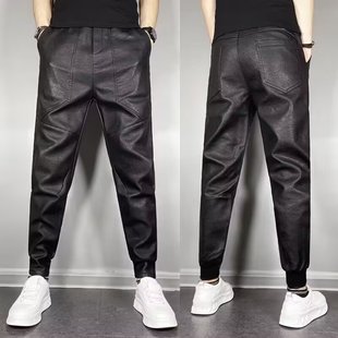 Autumn and Winter Men's Trendy Elastic Pu Leather Pants Korean Style Windproof Waterproof Six-Pocket Solid Color Stylish Jogger Casual Trousers