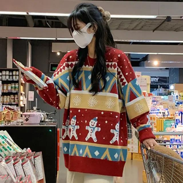 European and American cross-border Christmas snowman colorful pullover sweater for women, autumn and winter loose fit, slimming knitwear, trendy and elegant