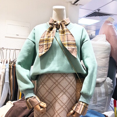 韩国2021秋冬季新款女装韩版宽松圆领蝴蝶结拼接绿色套头卫衣网红|ms