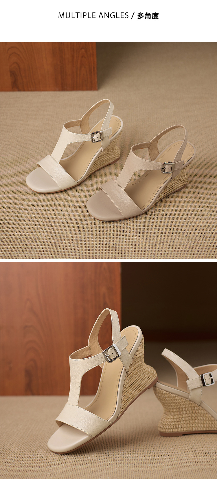Sandal cao gót nữ quai chữ T đế xuồng đan rơm, hở mũi, gót 9 cm — màu trắng ngà, màu mơ chi tiết 12