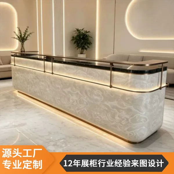 Custom-made reception desks for companies, hotels, and luxury clothing stores, featuring creative illuminated strip lighting