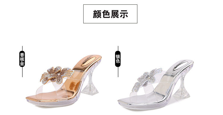 Sandal nữ quai ngang gót ly trong suốt đính hoa đá lấp lánh, gót 6–8 cm — Vàng Sâm Banh, bạc chi tiết 3