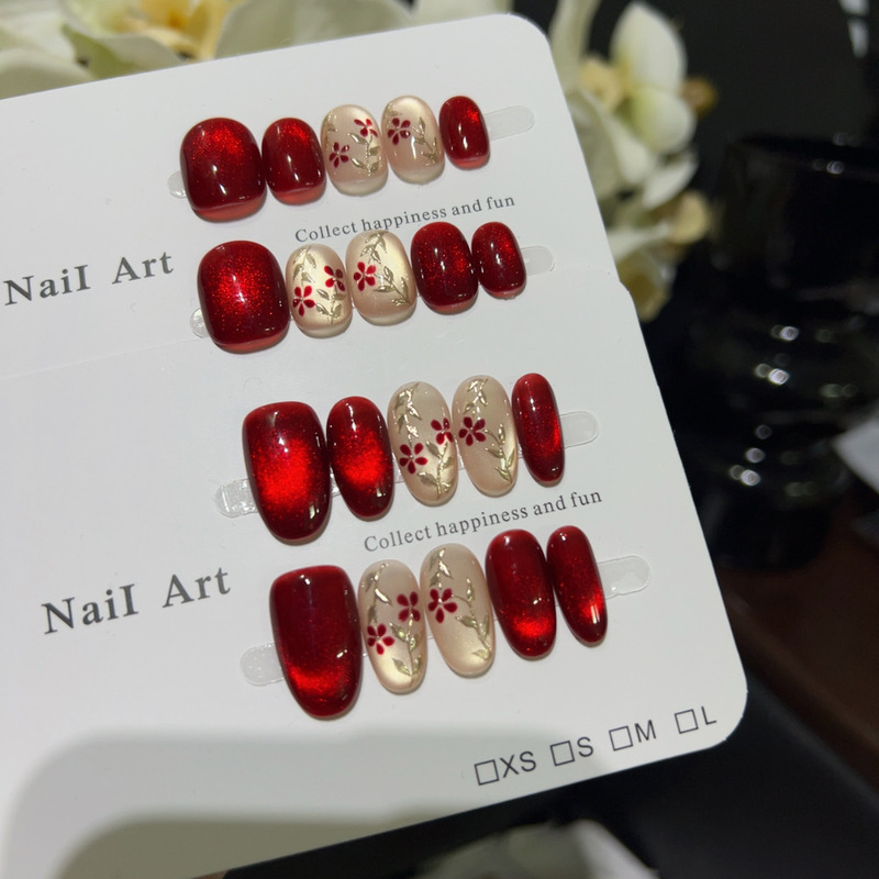 【Yingluo】Fresh and Simple Red Flower Glass Beads Light Luxury Golden Branch Handmade Brightening New Year Style Ins Style Nail Art