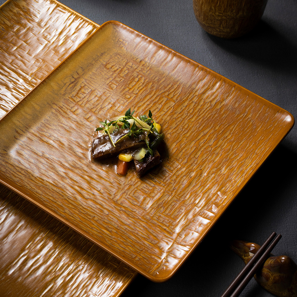 日式木纹方形牛排盘陶瓷西餐方盘复古简约烤肉盘焦糖色釉餐厅摆盘