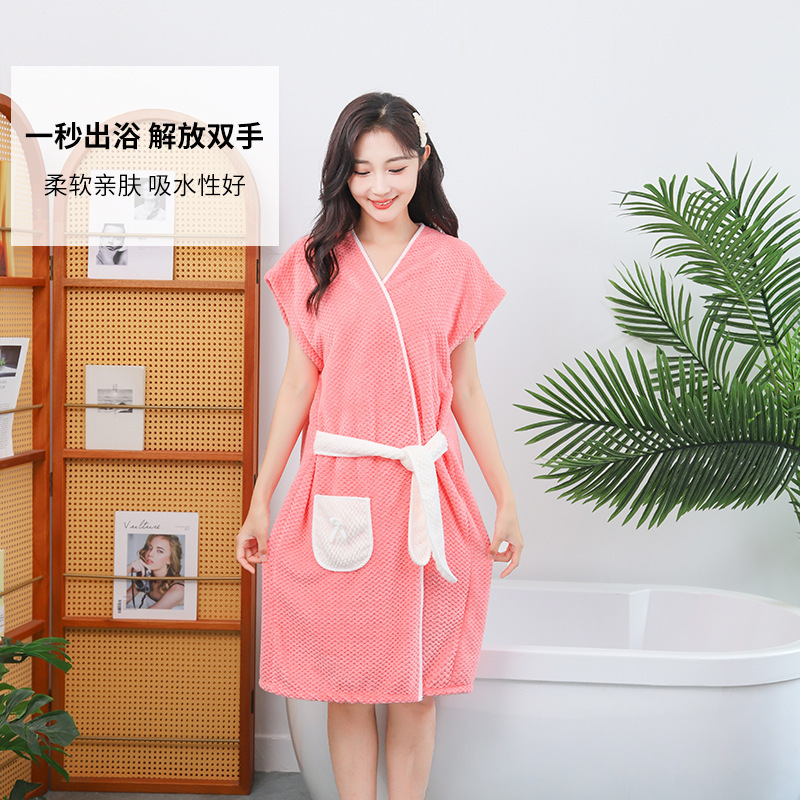 산호 양털 목욕 가운 캐주얼 귀여운 부드러운 집 흡수성 파인애플 격자 스트랩 목욕 타월 도매 홈 숙녀 목욕 치마