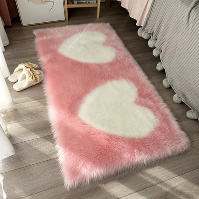 Imitation Wool Bedside Carpet Pink Car Carpet - middle-white-heart-shaped-60120cm