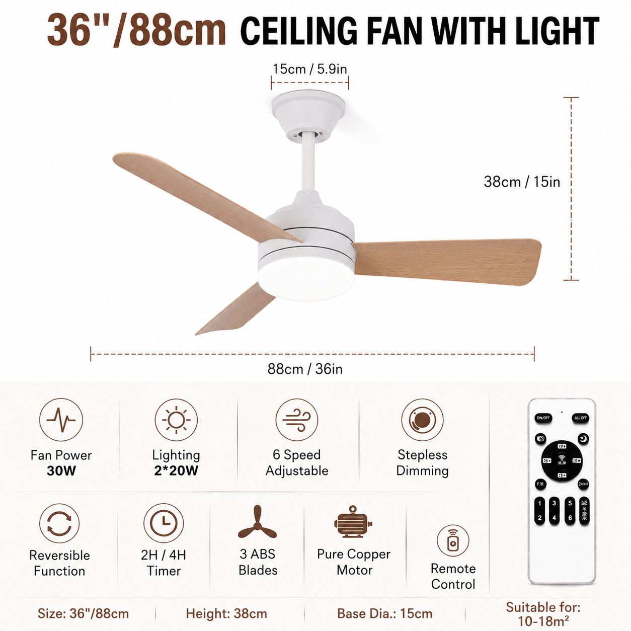 Ventilador de Techo con Luz de PC y ABS con Control Remoto para Dormitorio y Restaurante