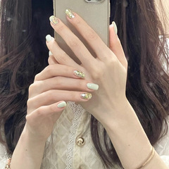 穿戴甲批發短款淺綠色閃粉亮片顯白美甲甲片成品高級感假指甲貼片