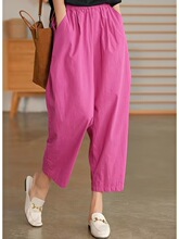 新款玫粉色简约百搭松紧腰八分哈伦裤麻棉休闲气球裤女氨纶口袋