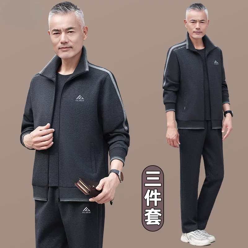 Men's autumn sports suit for elderly, jacket, set for leisure, for middle age, oversize, for running, 3 piece set