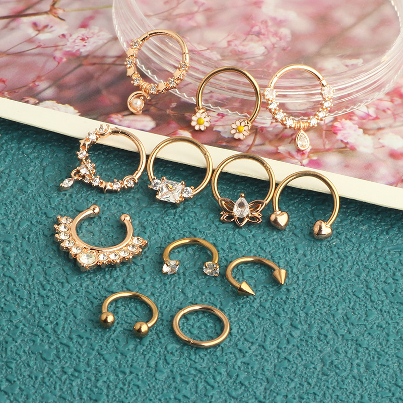Amazon Hot Sale Nose Ring Set Stainless Steel Micro Inlaid Zircon Chrysanthemum Nose Ring Trend Puncture Nose Nail 12-Piece Set detail image 7
