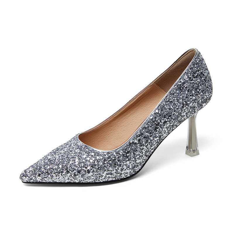 Giày cao gót nữ mũi nhọn đính sequin gót pha lê bạc — Màu bạc