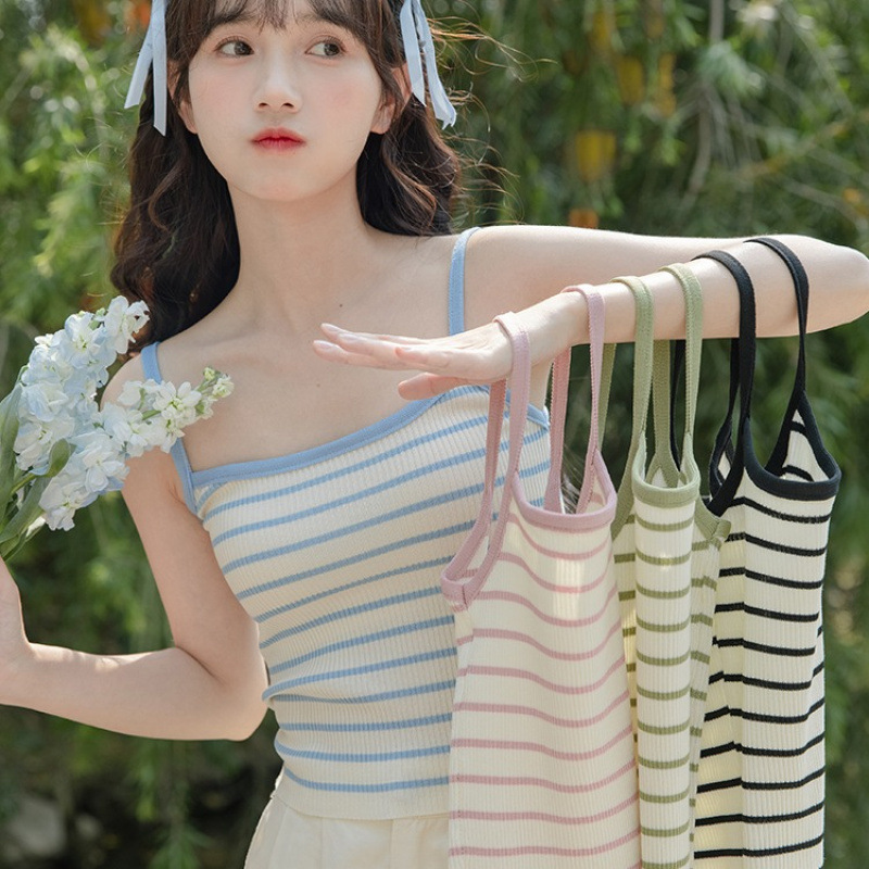Summer Knitted Small Sling Women's Outer Wear Striped Vest Suit with Base French Style Chic Thin Sleeveless Top