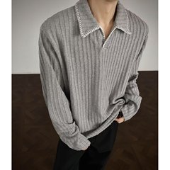 麦穗纹老钱风翻polo衫男简约小众设计感针织上衣纯色百搭polo衫男