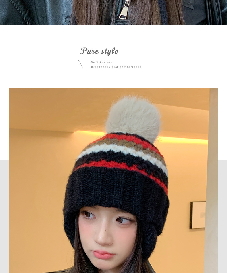 New Retro Fair Isle Style Warm Thickened Fleece-Lined Winter Knitted Hat, Cold-Proof Ear Protection, Tie-Up Wool Hat_voghion.com