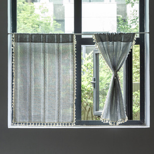 Curtain Finished Ins Tassel Lace Wear Rod Floating Curtain Decorative Cotton and Linen Door Curtain Semi-Shading Kitchen Coffee Curtain