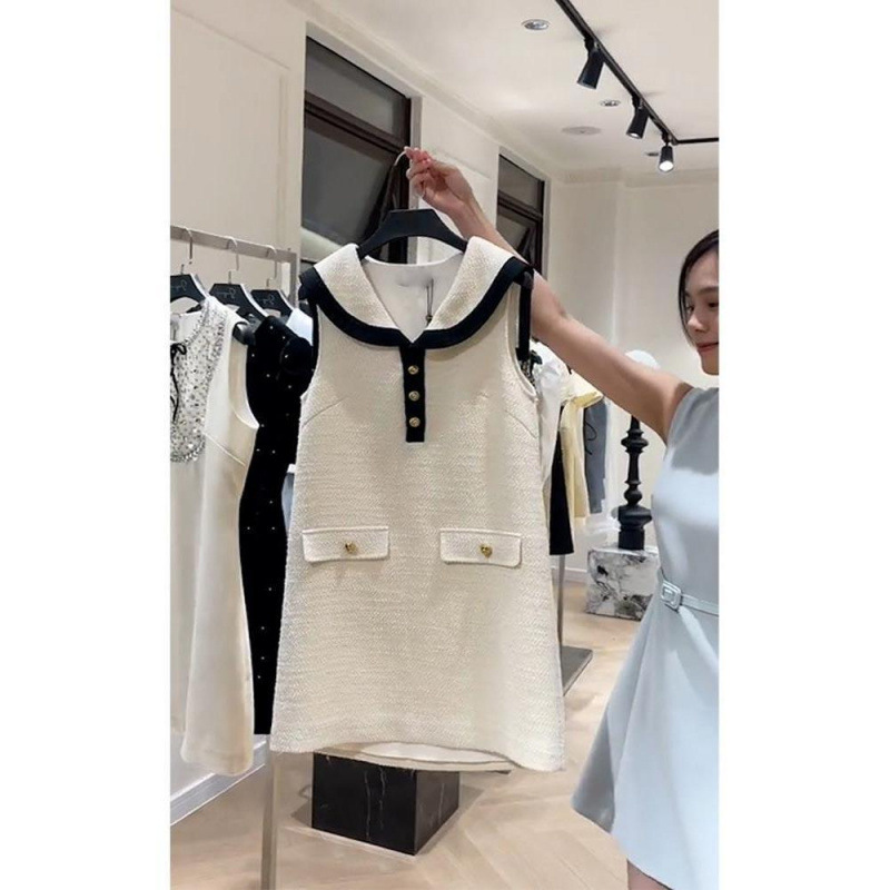 Xiaoxiangfeng フレンチスタイルのセレブのハイエンドの絶妙な白いノースリーブカラードレス、夏の小柄な女性向け、お腹をカバーします。|undefined