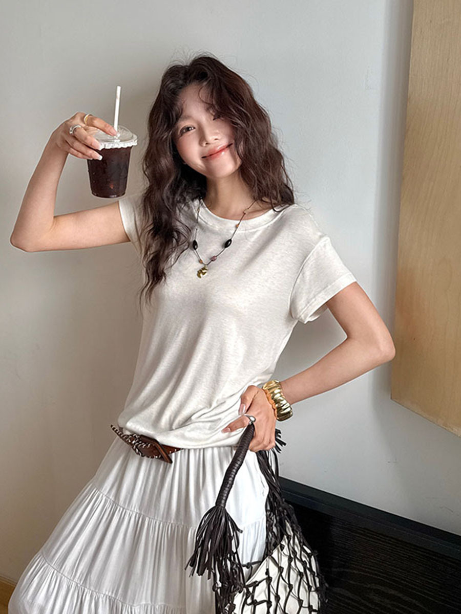 森岛 夏季天丝羊毛短袖t恤女2025新款圆领修身连袖纯色设计感上衣