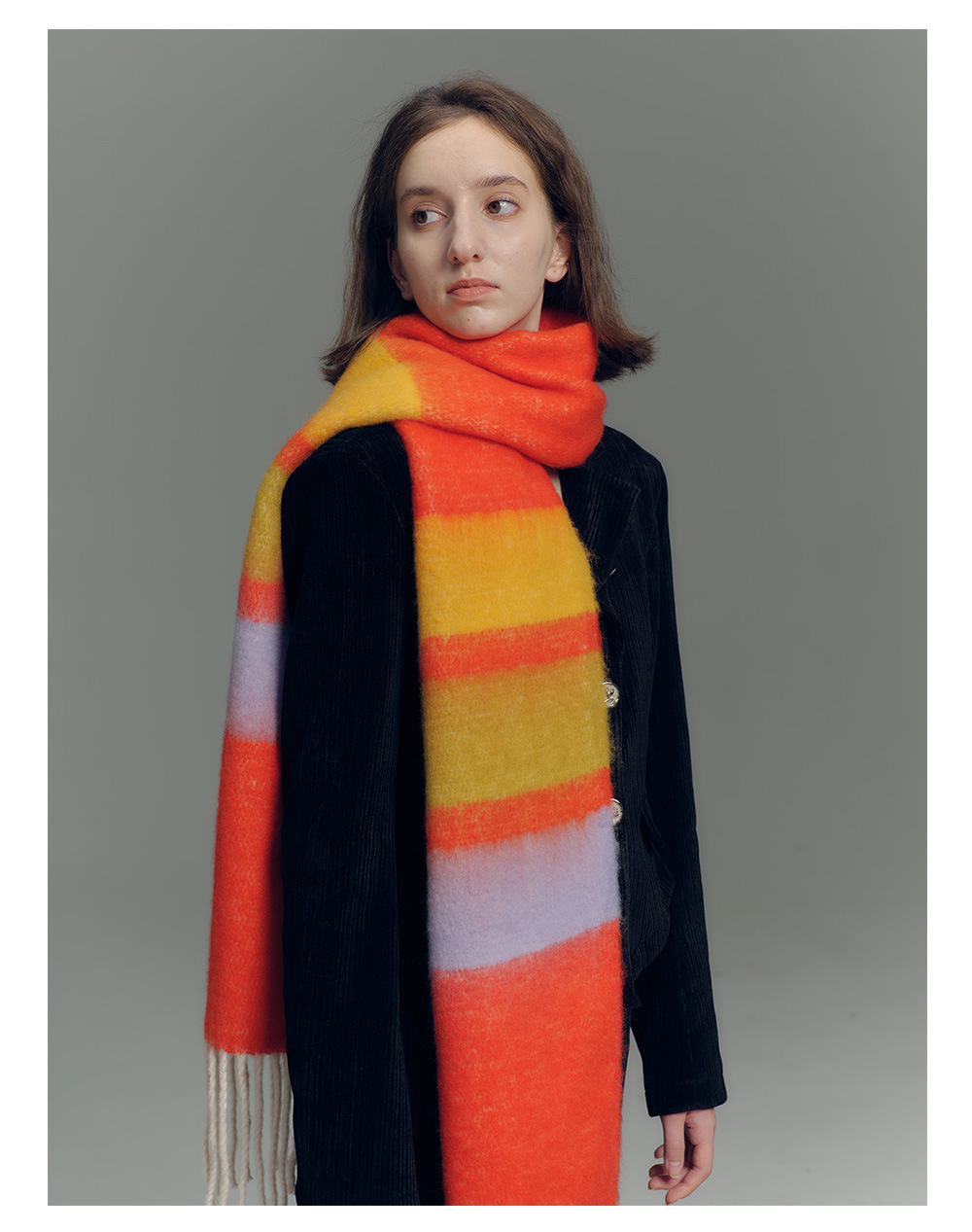Designer-Schal mit Fransen aus Kaschmirimitat in Regenbogenfarben mit passenden Streifen für Damen im Herbst-/Winter-Stil mit weichem, verlängertem Halsausschnitt_voghion.com